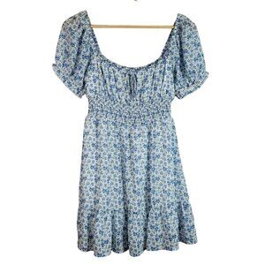 Altar'd State Floral Dress Blue Small Scoop Neck Lined Skirt Smock Short Sleeve
